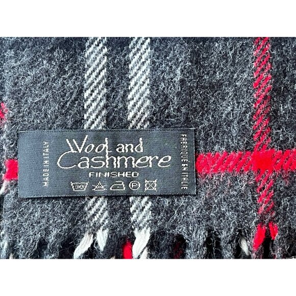 Wool & Cashmere Co Italian Plaid Scarf 11.5" x 60" Charcoal Black Red & White - Picture 8 of 8